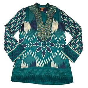 Tory Burch Silk‎ Embellished Ikat Print Tunic Top Shirt Women Size 6